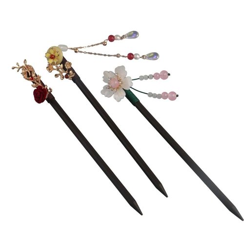 3 Pcs Wooden Vintage Flower Tassel Hair Sticks Handmade Chinese Style Hair Chopsticks Hairpins Elegant Hair Accessories for Women Girls