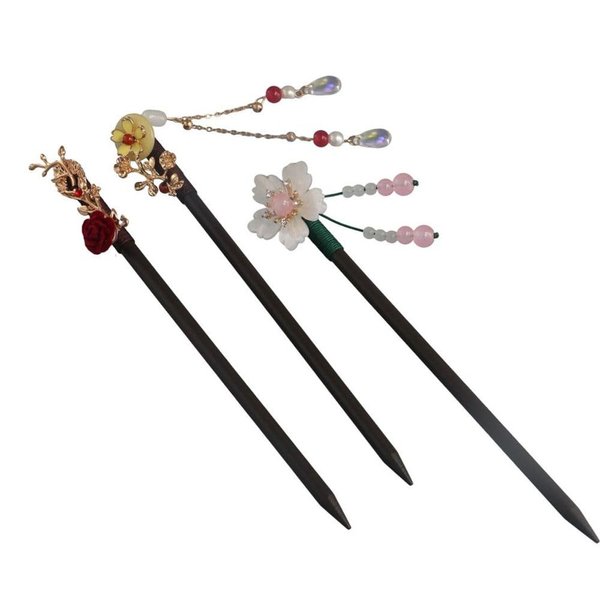 3 Pcs Wooden Vintage Flower Tassel Hair Sticks Handmade Chinese Style Hair Chopsticks Hairpins Elegant Hair Accessories for Women Girls