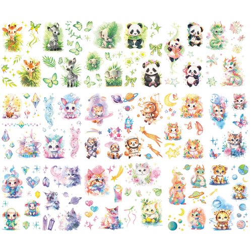Oottati 18 Sheets Glitter Cute Temporary Tattoos Fairy-tale Dragon Panda Zebra Cat Tiger Sheep Rabbit Elephant Squirrel Animal Suit for Kids Adults