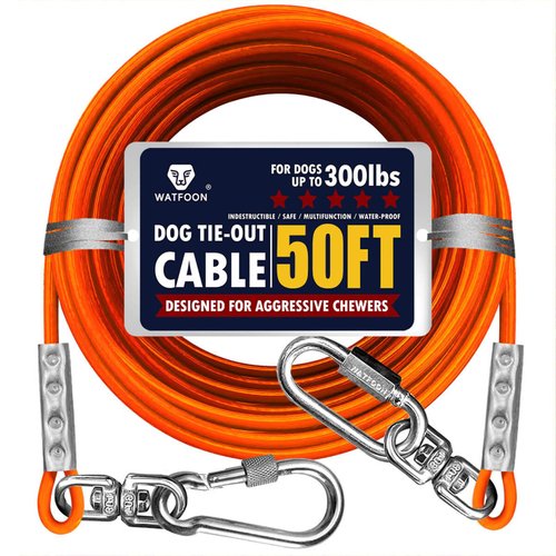 WATFOON Tie Out Cable for Dogs Up to 300lbs, 65/75/85/100 ft Extra Strong 1Klbs Break Strength Tie-Out Tether Trolley Training Lead,Dog Run Cable for Yard Garden Park Camping Outside (300lbs 50ft)