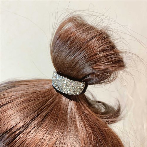 Zeshimb Boho Rhinestone Ponytail Holder Cuffs Geometric Elastic Scrunchies Silver Crystal Ponytail Hair Tie Band Luxury Ponytail Hairband Ring Hair Accessories for Women and Girls