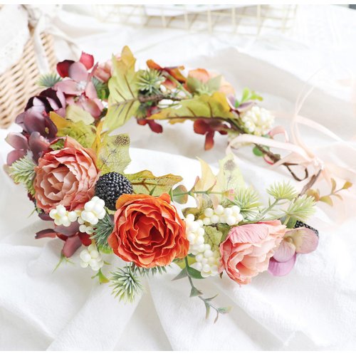 Trepveter Floral Garland Crown Boho Flower Headband Hair Wreath Floral Headpiece Halo Cosplay Halloween Wedding Bridal Photo Props Renaissance Party Prom Orange