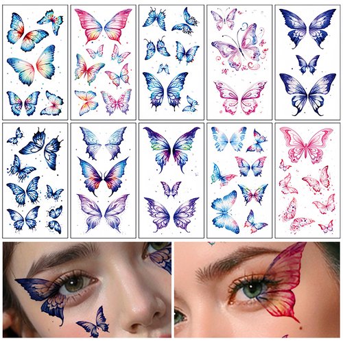DGXWLLW 10 Sheets Glitter Butterfly Wings Temporary Tattoos for Women Adults Presents, False Realistic Tattoo Stickers, Colorful Mixed Body Art Temporary Tattoos Stickers Eye Makeup Birthday Party