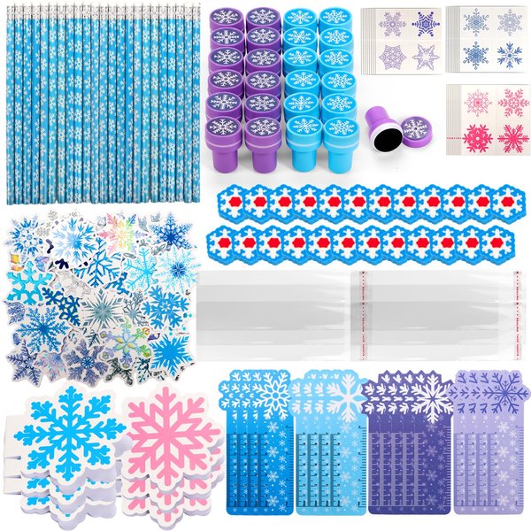 218 Pcs Snowflake Winter Frozen Party Favors Christmas Classrooms Exchange Gifts School Stationery Set with Notepads Pencils Sharpener Erasers Stickers Stamps for Kids Winter Birthday Party Supplies