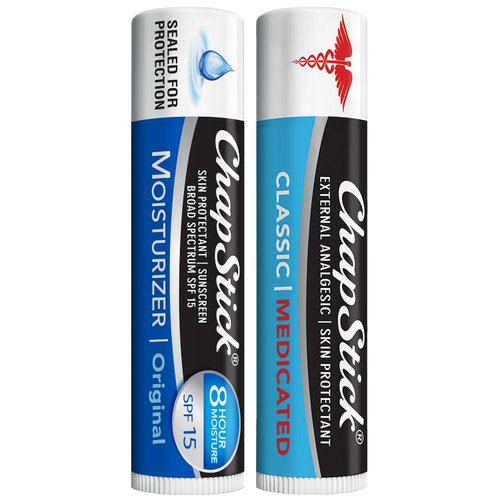 ChapStick Dry Lips & Cold Sore Pain Relief Bundle – Classic Medicated ChapStick + Original Moisturizer Lip Balm with SPF 15, 0.15 Oz Ea (2 Piece Set)