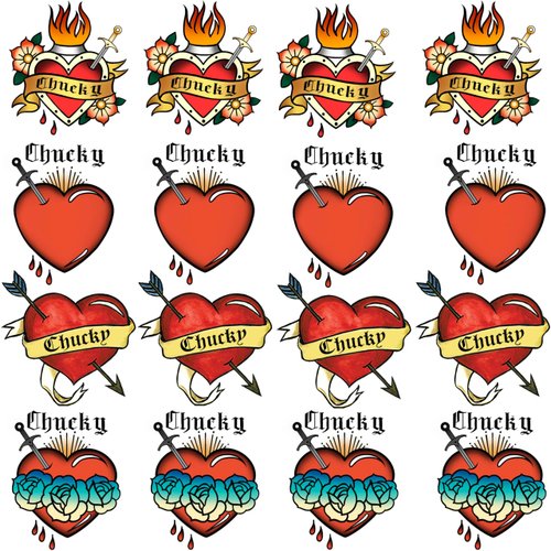 GOROMON 16 PCS Bride of Chucky Tattoo Heart, Halloween Temporary Tattoos Stickers For Women Men, Fake Halloween Makeup Kit Party Favor Supplies Chucky Heart Tattoos Costume Accessories