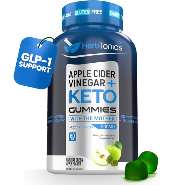 Herbtonics Keto Apple Cider Vinegar Gummies | Digestion & Detox | GLP-1 Support | Sugar Free BHB Advanced Formula for Keto Support - Raw ACV with The Mother - 60 Vegan ACV Gummies