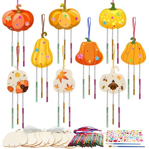 Fennoral 9 Pack Pumpkins Wind Chime Kit for Kids Make Your Pumpkin Wind Chimes Wooden Arts and Crafts for Kids DIY Coloring Pumpkin Craft for Party Supplies Fall Thanksgiving Decoartion