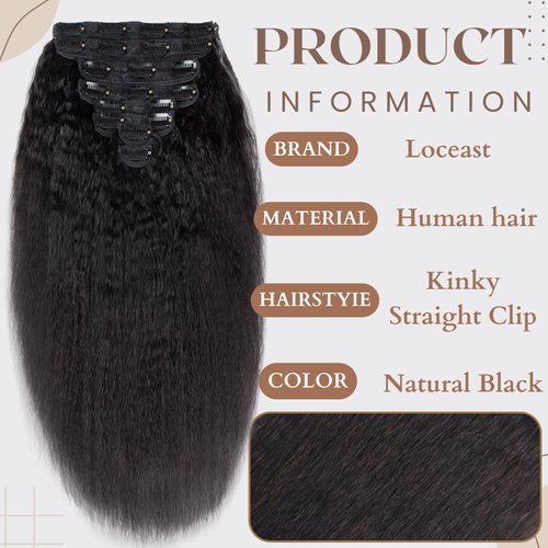 22 Inch Kinky Straight Clip ins Human Hair Extensions Yaki Real Brazilian Human Hair 8pcs Natural Black 120g Remy Hair Full Head Yaki Clip in Hair Extensions for Women