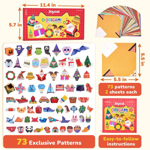 Joycat Origami Paper Kit For Kids,180 Sheet 5.5x5.5"Colorful Paper,73 Unique Pattern with Instruction Book,Art&Crafts Activitiy Supply set for Ages 5-12,Ideal DIY Project,Educational Toy,Gift For Kids