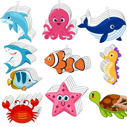 JarThenaAMCS 50Pcs Unfinished Ocean Animals Cutouts for Kids Color Your Own Summer Sea Animals Coloring Crafts Kit Hanging Ornament Card for Home School Classroom Party Favors DIY Crafts