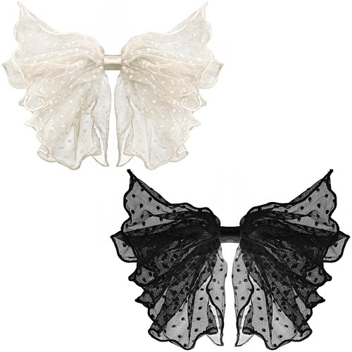 OIIKI 2 Pack Korean-Style Lace Mesh Barrette Hair Clips, Breathable Flower Dot Clips for Wedding, Party, Valentine's Day (Black, White)