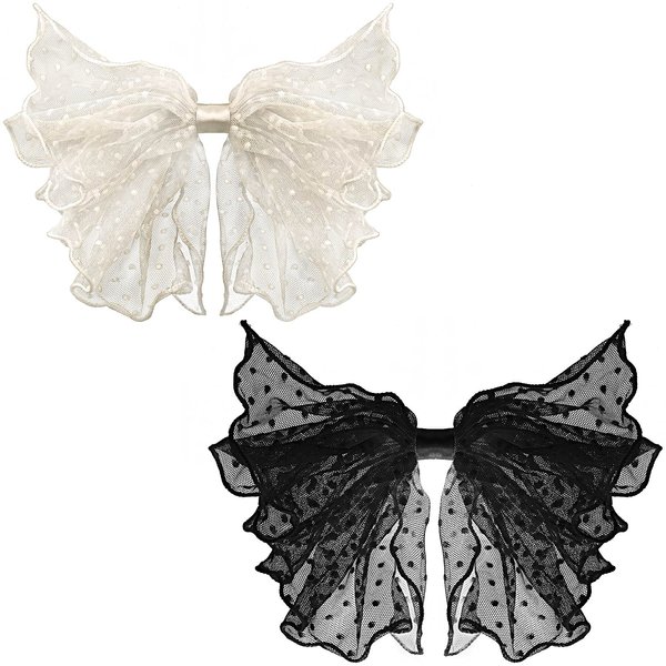 OIIKI 2 Pack Korean-Style Lace Mesh Barrette Hair Clips, Breathable Flower Dot Clips for Wedding, Party, Valentine's Day (Black, White)