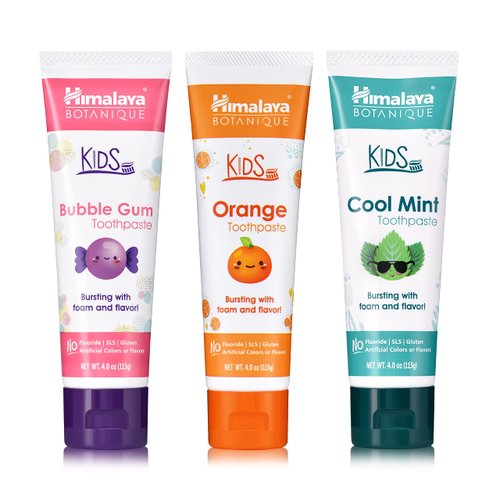 Himalaya Botanique Kids Toothpaste, Herbal, Cool Mint, Bubble Gum and Orange Flavor, Fights Plaque, Fluoride Free, No Artificial Flavors or Colors, SLS Free, Gluten Free, Vegan, 4 Oz, Variety 3 Pack
