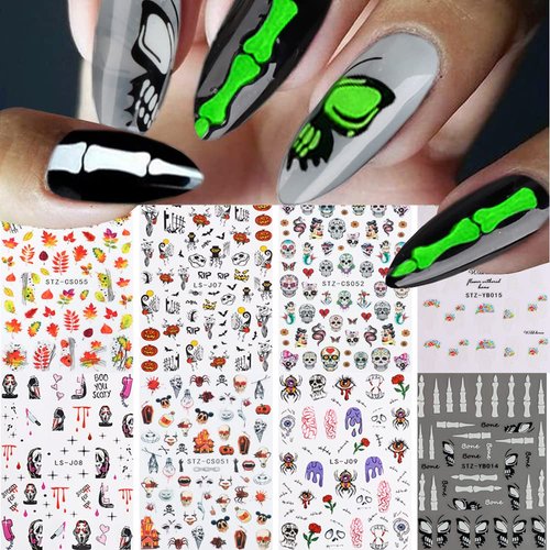 Thanksgiving & Halloween Nail Stickers, Fall Leaf Nail Decals 3D Self-Adhesive Autumn Maple Leaves Luminous Bones Pumpkin Bat Spider Skull Pattern Holiday Nail Design for Thanksgiving Halloween Party(8 Sheets)