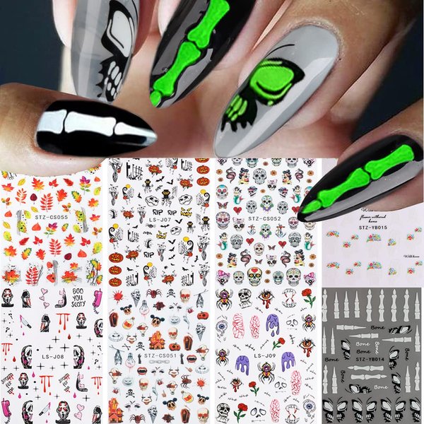Thanksgiving & Halloween Nail Stickers, Fall Leaf Nail Decals 3D Self-Adhesive Autumn Maple Leaves Luminous Bones Pumpkin Bat Spider Skull Pattern Holiday Nail Design for Thanksgiving Halloween Party(8 Sheets)