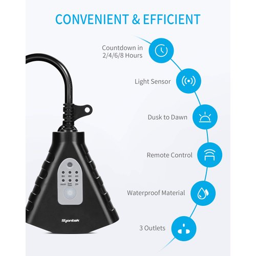 Syantek Outdoor Light Timer, Waterproof Outdoor Remote Control Outlet, Plug-in Timer Switch, 100 ft Range Remote Control with 3 Ground Outlets for Halloween, Christmas Decoration