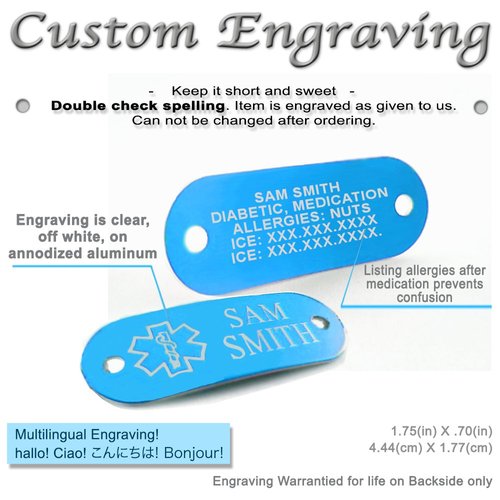 My Identity Doctor - Custom Engraved Medical ID Bracelet - Aluminum, Steel Curb Chain - Blue - Wrist Size 7.5 Inch