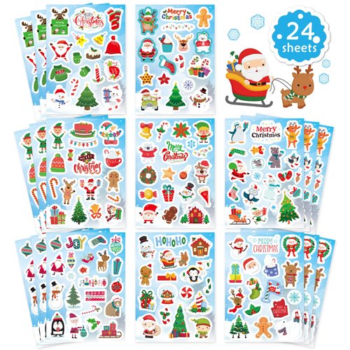 Christmas Stickers(24pcs),Snowflake Stickers,Winter Stickers for Water Bottle,Laptop,Car,Bicycle, Luggage,Kid's Gift