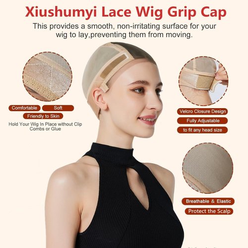 Xiushumyi Wig Cap Lace Wig Grip Cap for Keeping Wigs in Place Wig Cap with Grip Band Make Your Wigs Glue Free Non-Slip Wig Cap with Built-in Adjustable Velvet (Nude, M)