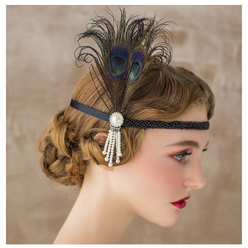 SWEETV 1920s Headpiece Flapper Headband, Pearl Peacock Feather Hair Band, Great Gatsby Accessorei...