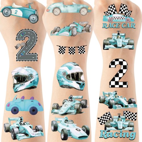 Two Fast Birthday Temporary Tattoos - 8 Sheets 2 Fast 2 Curious Birthday Decorations Party Favors Supplies, Blue Race Car Helmet, Treat Bag Stuffers for Kids Boys