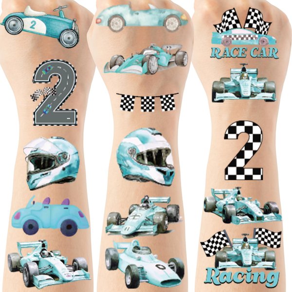 Two Fast Birthday Temporary Tattoos - 8 Sheets 2 Fast 2 Curious Birthday Decorations Party Favors Supplies, Blue Race Car Helmet, Treat Bag Stuffers for Kids Boys