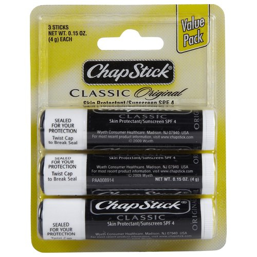 ChapStick Classic, Skin Protectant Flavored Lip Balm Tube, 3 Count (Pack of 1)