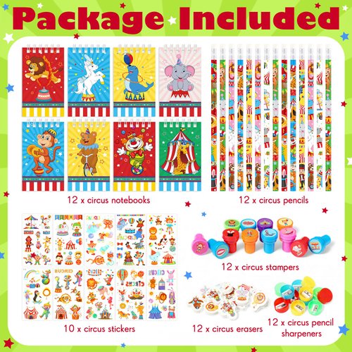 Pasimy 70 Pcs Circus Party Favors Set Carnival Notebook Pencil Clown Stamp Pencil Sharpener Eraser Sticker Circus Animal Party Gift for Circus Birthday Party Baby Shower Decorations Supplies