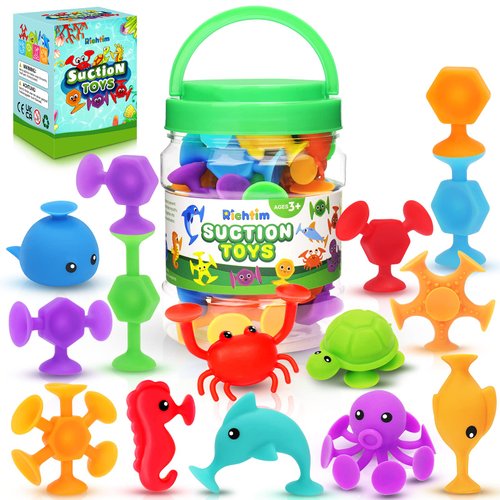 Suction Bath Toys for Kids - 24 Silicone Ocean Animals Suction Toys with Storage, Sensory Window Toys for Toddlers, Suitable for Indoor, Outdoor, and Travel Toys, Autism Toy, and Party Favors