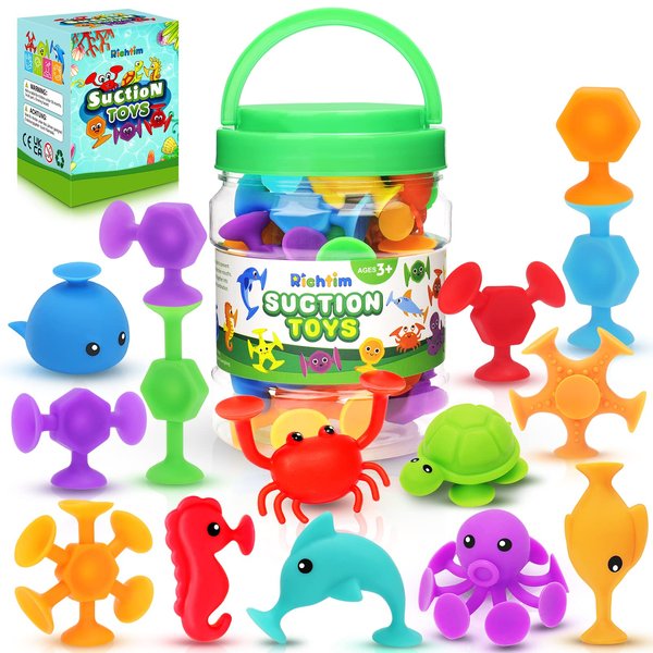 Suction Bath Toys for Kids - 24 Silicone Ocean Animals Suction Toys with Storage, Sensory Window Toys for Toddlers, Suitable for Indoor, Outdoor, and Travel Toys, Autism Toy, and Party Favors