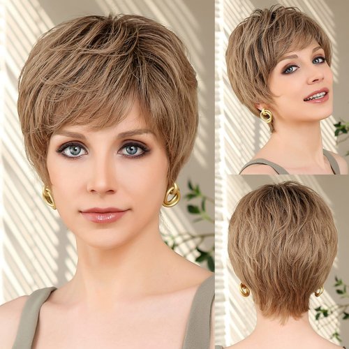 EMMOR HD Lace Front Wig, Pixie Cut Wig Human Hair Wigs with Bangs Natural Short Wig Layered Wavy Different Style Short Wigs for White Women - Ombre Ash Blonde