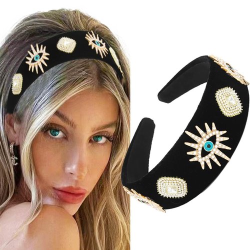 Coridy Black Baroque Wide Headbands Rhinestone Evil Eyes Hairbands Vintage Crystal Hair Band Party Prom Headpieces for Women
