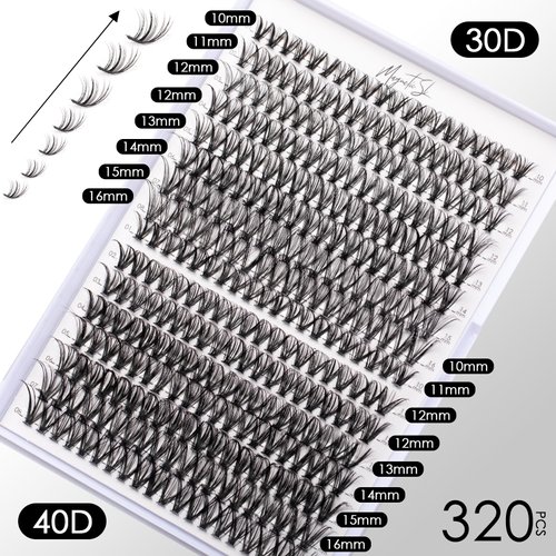 Lash Clusters DIY Lash Extensions Kit 320pcs Individual Lashes Clusters 30D 40D D Curl Eyelash Extension Kit with Applicator and Lash Bond&Seal,Clusters Lash Glue Remover Mix 10-16mm (30D+40D-320 KIT)