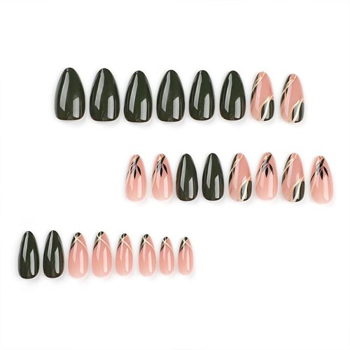 BAOYAALIN Dark Green Press on Nails Short Medium Almond Shaped Fake Nails with Swirl Leaves Design Gel Glue on Nails for Women Girls Acrylic False Stick on Nail Manicure Decorations for Wedding 24Pcs