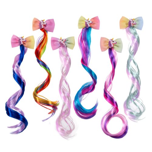 6 Set Hair Extensions Clip - Colored Straight Curly Hair Extensions Clips, Cute Unicorn Accessories Hair Extensions for Kids Ponytails Girls, Rainbow Thick Wig Clip in Fake Bangs (Curly Hair 02)