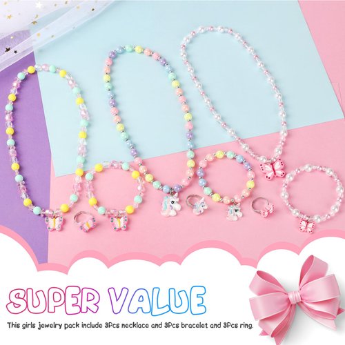 Msnailfly 3 Sets Girl Princess Necklace Bracelet Ring Kids Stretchy Jewelry Gift Unicorn Butterfly Necklace Bracelets Rings Party Favors Dress up Jewelry for Little Girl Toddler(with Gift Box)