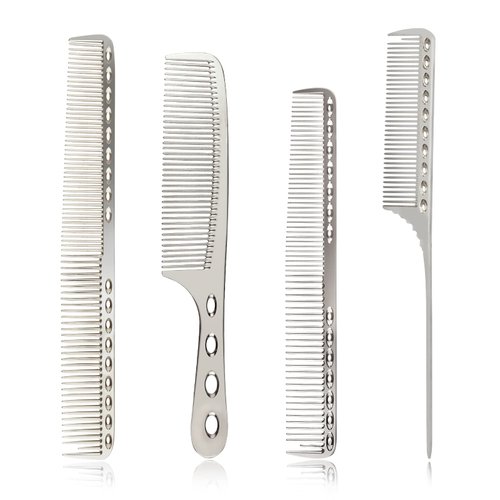 4 Types Professional Aluminum Dressing Comb Metal Comb Cutting Combs Set for Barber Hair Styling, Included Fine Cutting Comb, Rat Tail Comb, Detangling Comb, Handle Comb - Silver