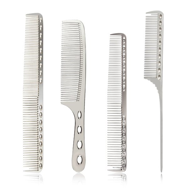 4 Types Professional Aluminum Dressing Comb Metal Comb Cutting Combs Set for Barber Hair Styling, Included Fine Cutting Comb, Rat Tail Comb, Detangling Comb, Handle Comb - Silver