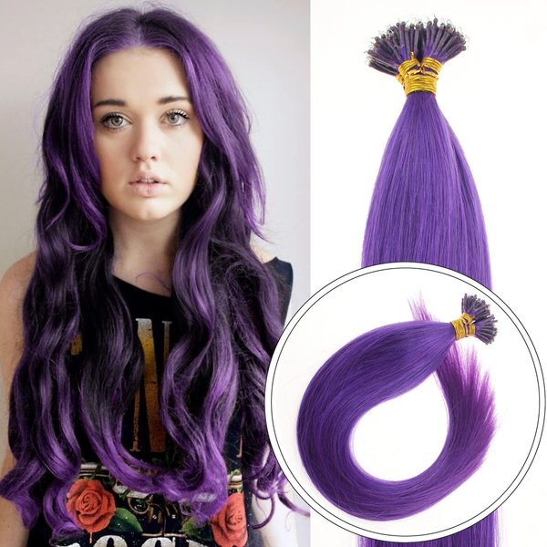 Nano Ring Hair Extensions Human Hair Keratin Cold Fusion Nano Tip Micro Nano Beads Link Thick Hair Balayage Highlight Ombre Real Remy Hair 1g/s (16inch50gr50s, Purple)