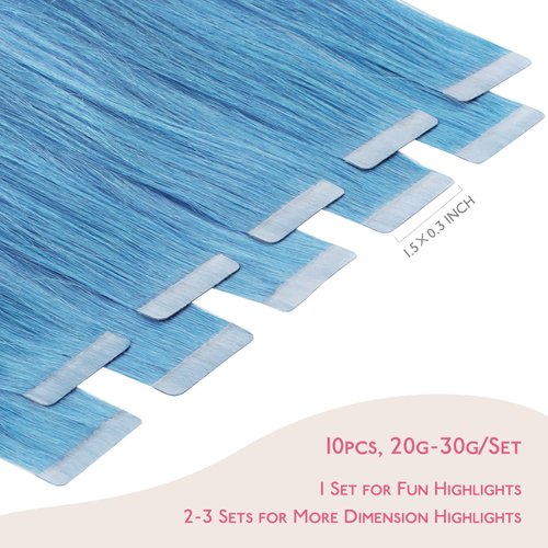 WENNALIFE Tape in Hair Extensions Human Hair Turquoise Tape in Extensions, 10pcs 25g 14 inch Remy Invisible Tape Ins Straight Colored Soft Real Human Hair Tape in Extensions Refill Set Extensions