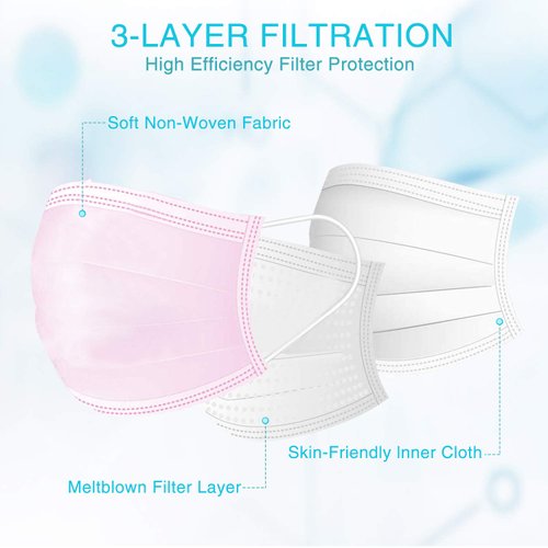 50 PCS Pink Disposable Face Mask for Kids,Individually Wrapped,3 Ply