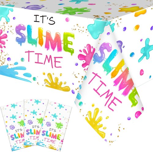 Tingjoo 3 Pack Art Slime Party Tablecloths Colorful Slime Party Decorations It's Slime Time Table Cover 108 x 54 Inch Plastic Art Table Decor for Slime Themed Birthday Party Supplies