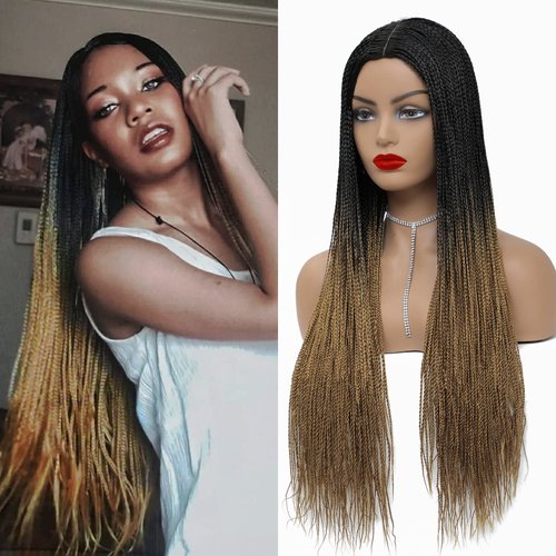 ROSEBONY Braided Wigs Long Box Braids Wig for Women Ombre Blonde #27 28 Inch Micro Box Braids Fake Scalp Wig Synthetic Black Wigs (1B/27)
