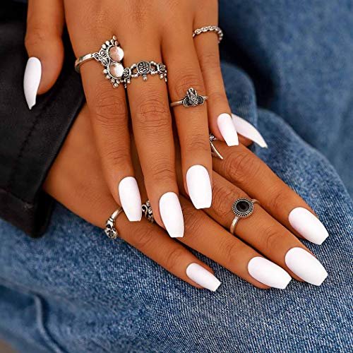 Campsis White Press on Nails Matte Coffin Long Acrylic Fake Nails Clips Cute False Nail Daily for Women and Girls (Pack of 24)