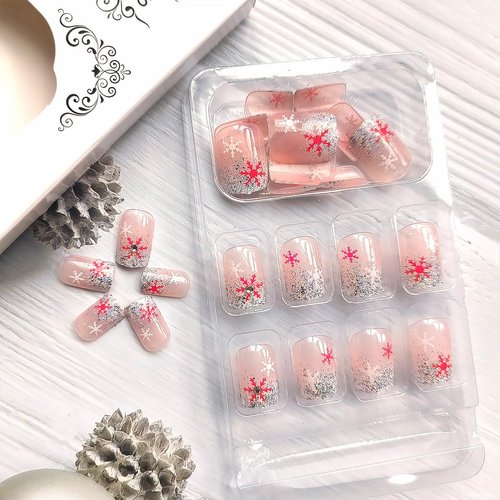 24Pcs Christmas French Tip Press on Nails Short Santa Fake Nails with Winter Snowflake Design Bling Rhinestones Designs Glitter Full Cover Artificial Glue on Nails for Women DIY Christmas Acrylic Nail