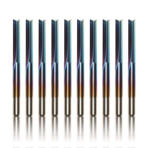 Genmitsu CNC Router Bits 1/8 inch Shank Straight Router Bits Nano Blue Coat 2-Flute End Mill Cutter for Wood MDF PVC Acrylic, 10 PCS, SR10A