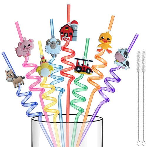 Reusable Farm Animal Birthday Party Supplies - 16 Pcs Farm Animals Plastic Drinking Straws for Kids Barnyard Farm Birthday Party Supplies favors Chicken Sheep Cow Pig Crazy Straws Gift (Farm)