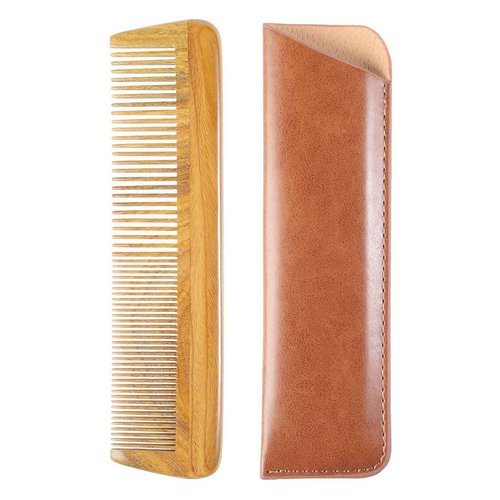 Onedor Handmade 100% Natural Green Sandalwood Wooden Comb for Men Hair, Beard, and Mustache Styling Pocket Comb With Leather Case (Long)