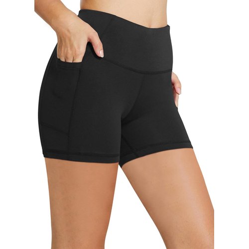 BALEAF Biker Shorts Women Yoga Gym Workout Spandex Running Volleyball Tummy Control Compression Shorts with Pockets 5" Black L